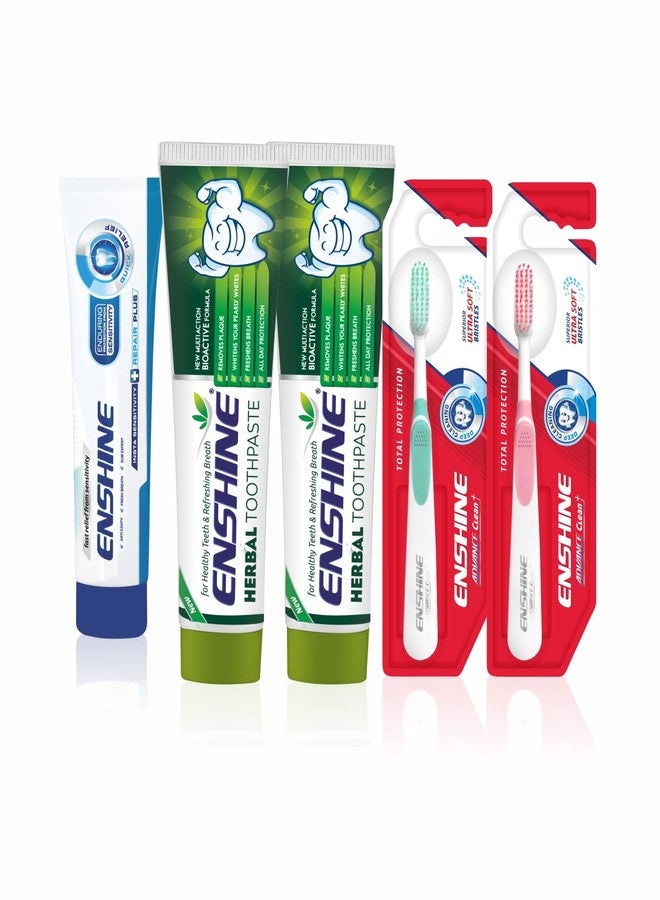 Enshine Oral Care Combo Pack of 5- Herbal Toothpaste (2)100g Each) |Sensitive Toothpaste50g | 2 pc Advance Plus Toothbrush For Helps to Make Teeth Whitening and Relief from Sensitivity | Complete Oral Care Solution Helps to Fight Cavity - Image 1